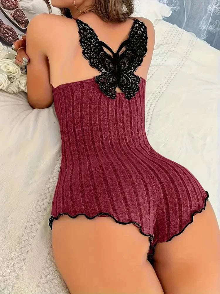 Women’s Lace Butterfly Back Onesie Pajamas Striped Lounge Bodysuit-Wine Red / M