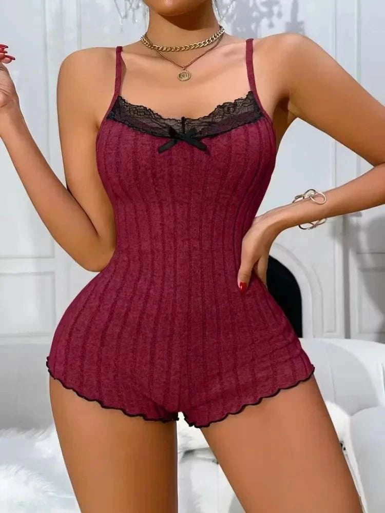 Women’s Lace Butterfly Back Onesie Pajamas Striped Lounge Bodysuit-Wine Red / M