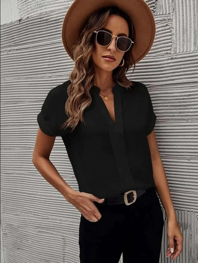 Women's Lightweight V-Neck Chiffon Button-Up Summer Shirt-XXXL / WHITE