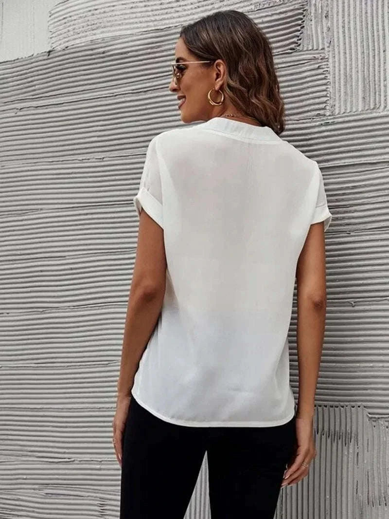 Women's Lightweight V-Neck Chiffon Button-Up Summer Shirt-XXXL / WHITE