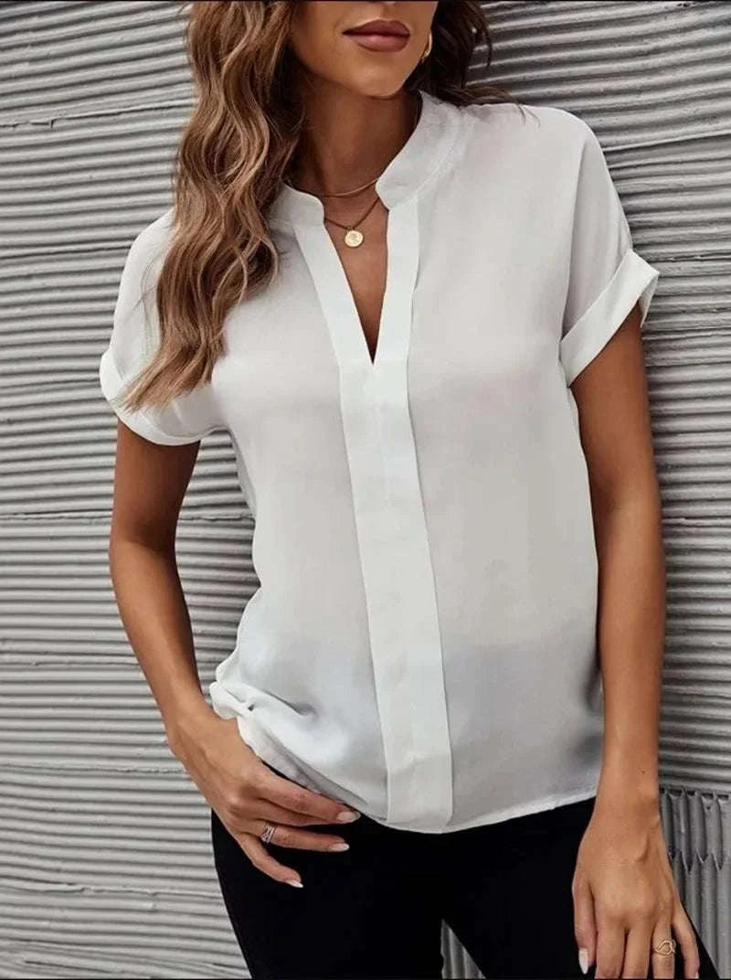 Women's Lightweight V-Neck Chiffon Button-Up Summer Shirt-XXXL / WHITE