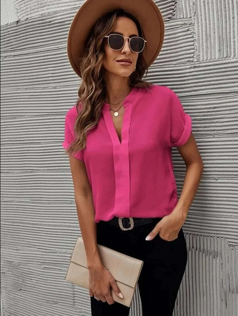 Women's Lightweight V-Neck Chiffon Button-Up Summer Shirt-XXXL / WHITE