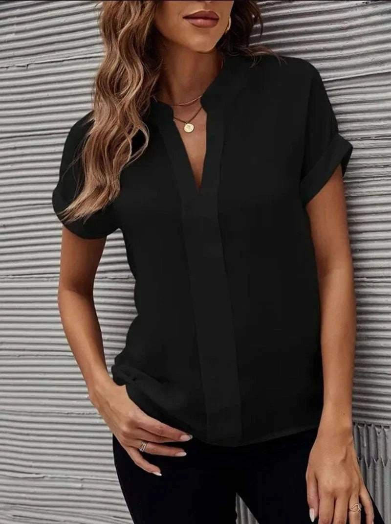 Women's Lightweight V-Neck Chiffon Button-Up Summer Shirt-XXXL / WHITE