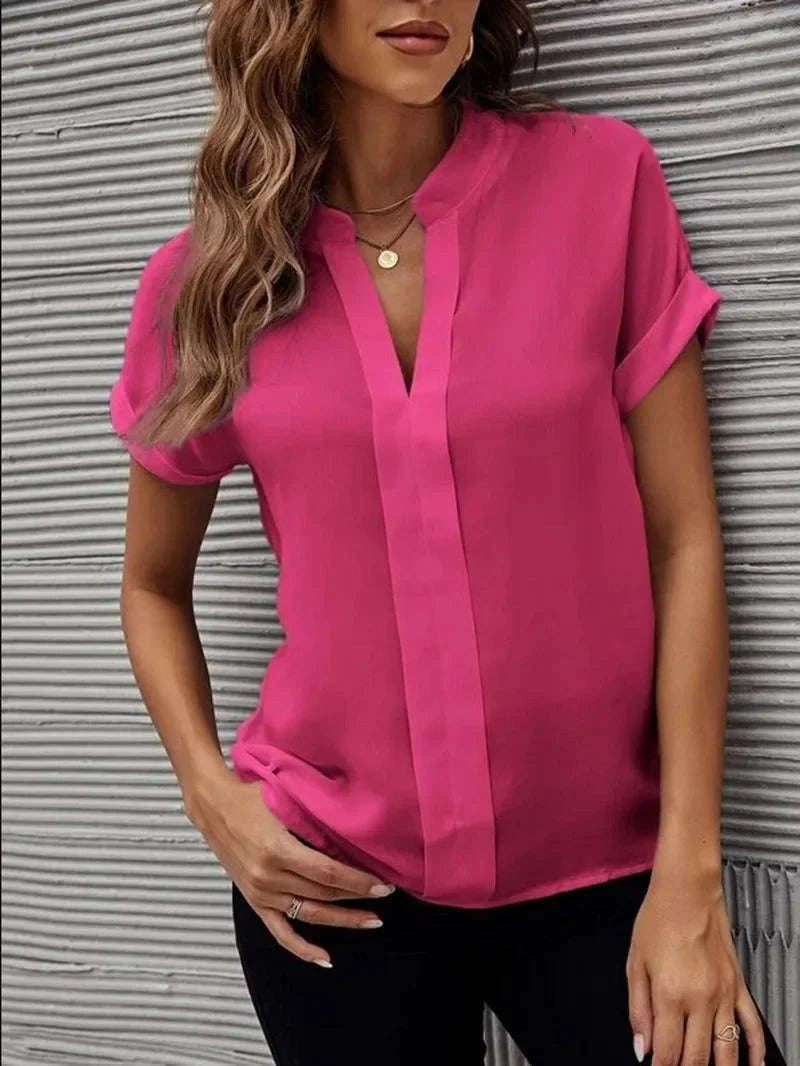 Women's Lightweight V-Neck Chiffon Button-Up Summer Shirt-XXXL / WHITE