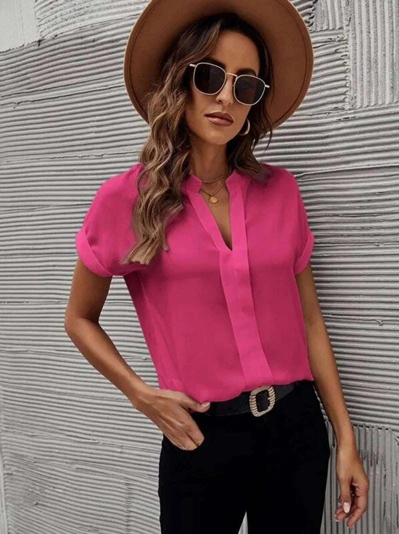 Women's Lightweight V-Neck Chiffon Button-Up Summer Shirt-XXXL / WHITE