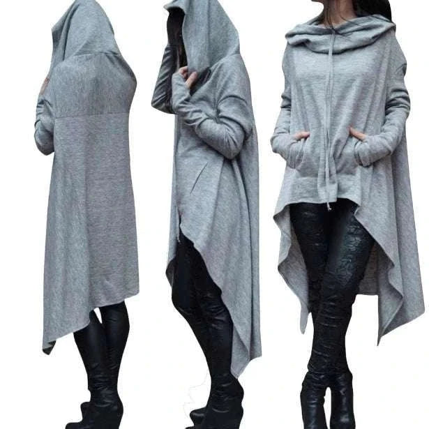 Women's Long Loose Hoodie Dress with Pockets Solid Color-black / XXXL