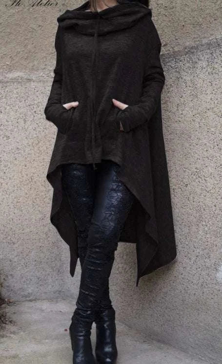 Women's Long Loose Hoodie Dress with Pockets Solid Color-black / XXXL