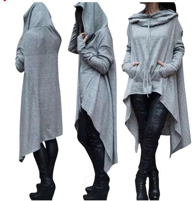 Women's Long Loose Hoodie Dress with Pockets Solid Color-black / XXXL