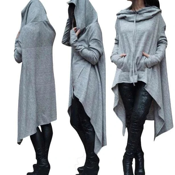 Women's Long Loose Hoodie Dress with Pockets Solid Color-black / XXXL