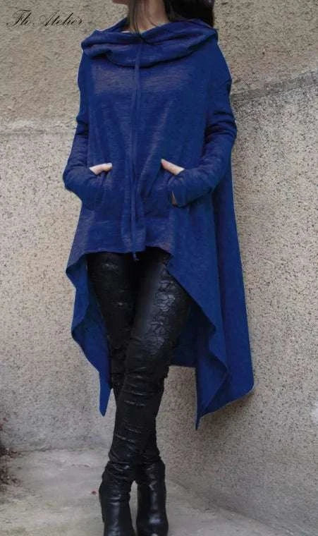 Women's Long Loose Hoodie Dress with Pockets Solid Color-black / XXXL