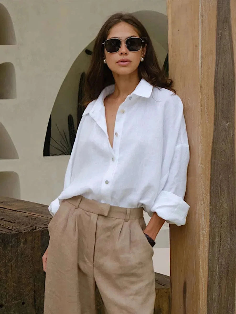 Women's Loose Cotton Button-Up Shirt Cardigan for Spring Summer-White / M