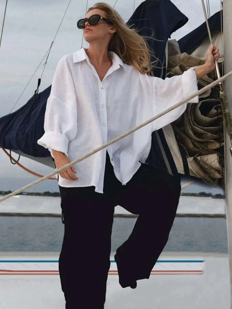 Women's Loose Cotton Button-Up Shirt Cardigan for Spring Summer-White / M