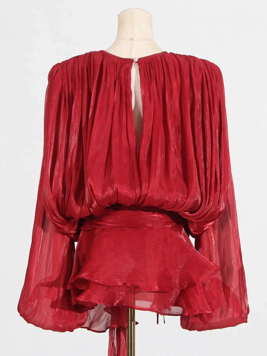 Women's Loose Lace-Up Patchwork Dress-APRICOT / XL