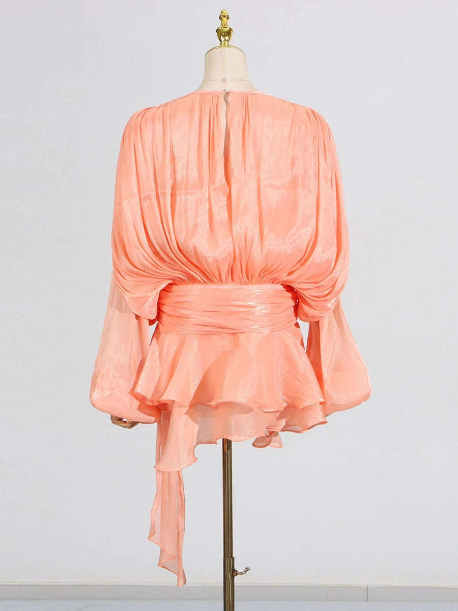 Women's Loose Lace-Up Patchwork Dress-APRICOT / XL