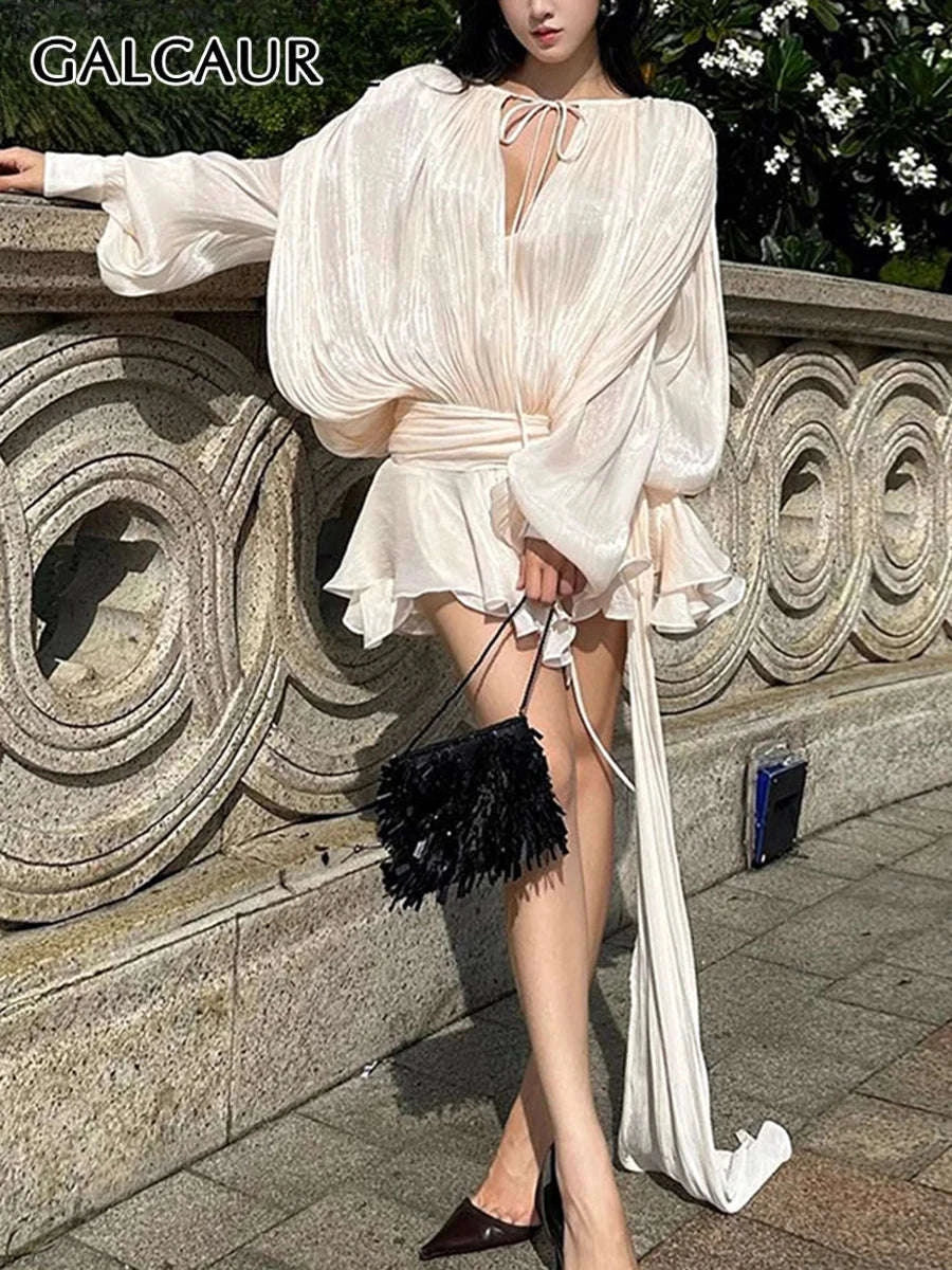 Women's Loose Lace-Up Patchwork Dress-APRICOT / XL