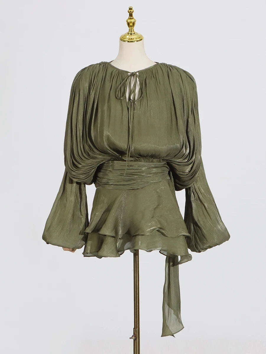 Women's Loose Lace-Up Patchwork Dress-APRICOT / XL