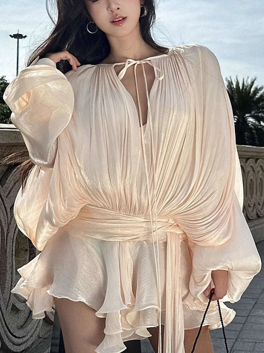 Women's Loose Lace-Up Patchwork Dress-APRICOT / XL