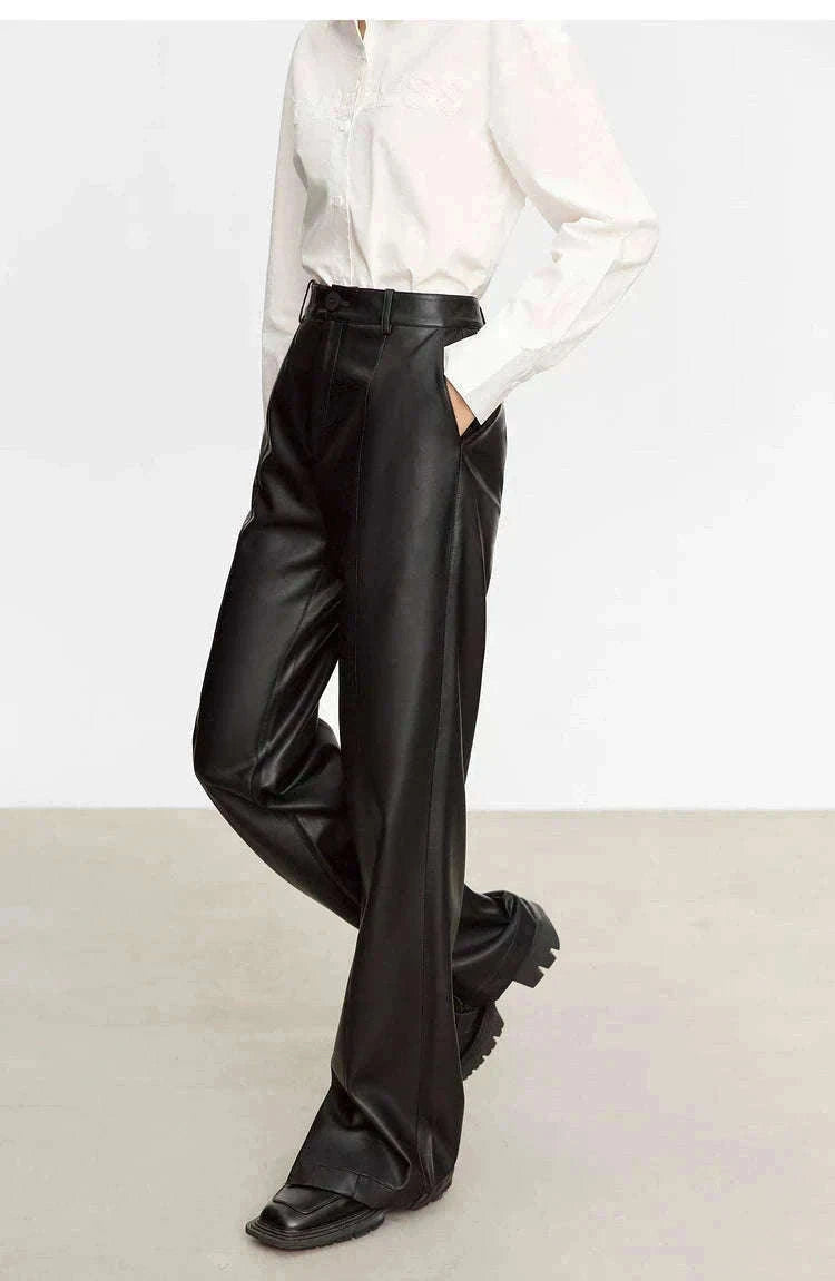 Women's Loose PU Leather Straight Leg Pants with Side Slit Floor Length-Camel Pants / S