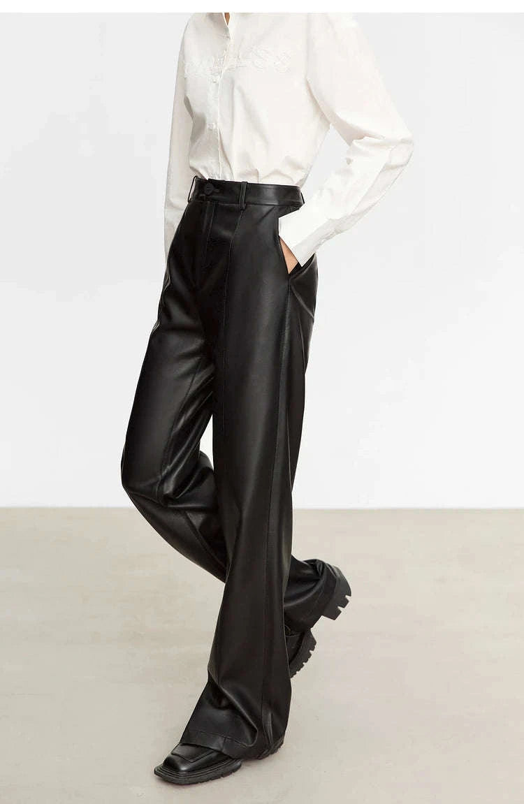 Women's Loose PU Leather Straight Leg Pants with Side Slit Floor Length-Camel Pants / S