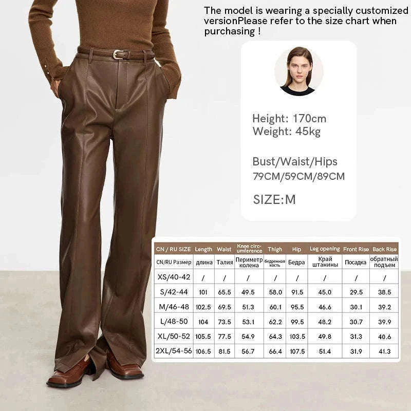 Women's Loose PU Leather Straight Leg Pants with Side Slit Floor Length-Camel Pants / S