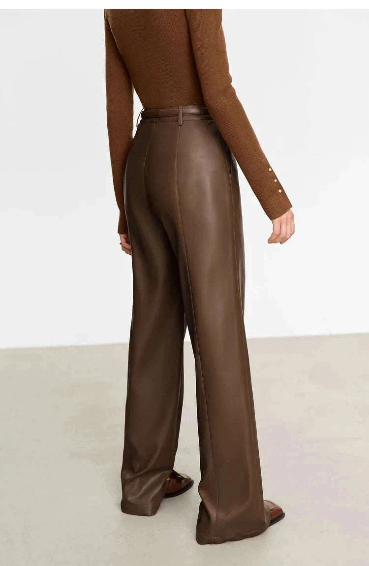 Women's Loose PU Leather Straight Leg Pants with Side Slit Floor Length-Camel Pants / S