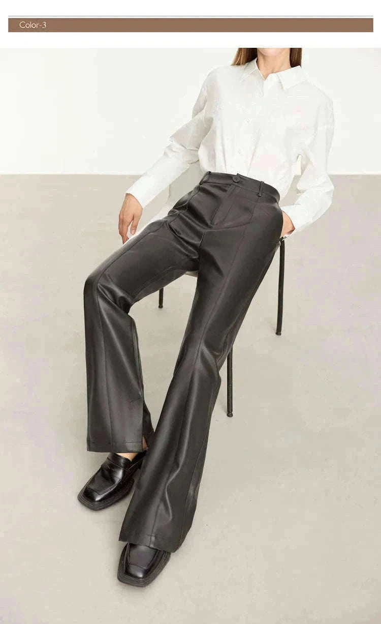 Women's Loose PU Leather Straight Leg Pants with Side Slit Floor Length-Camel Pants / S