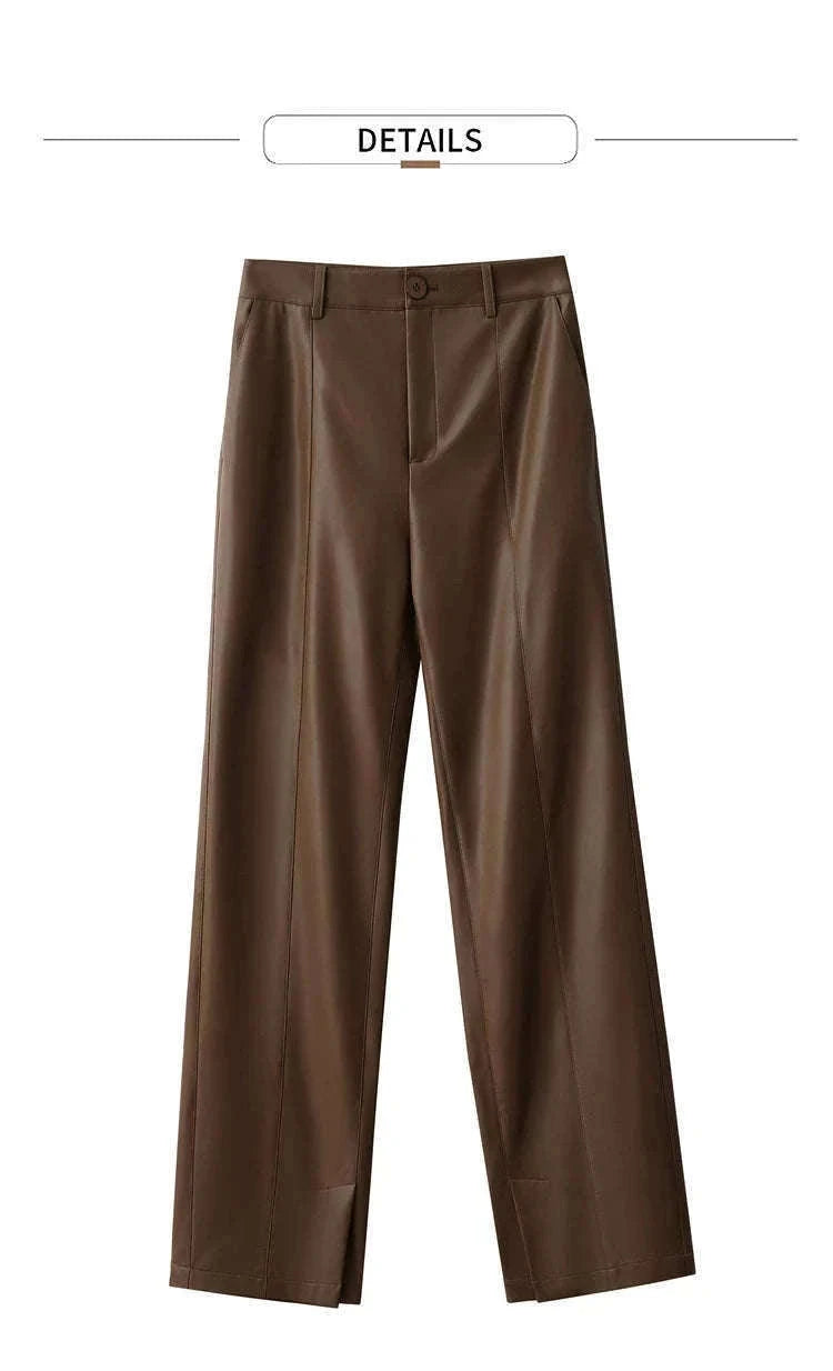 Women's Loose PU Leather Straight Leg Pants with Side Slit Floor Length-Camel Pants / S
