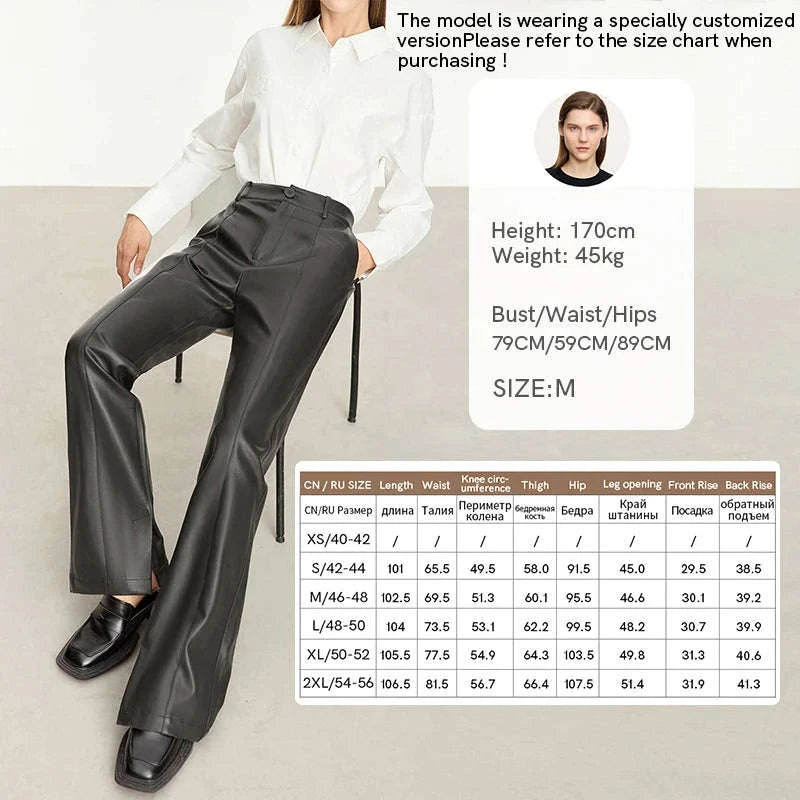 Women's Loose PU Leather Straight Leg Pants with Side Slit Floor Length-Camel Pants / S