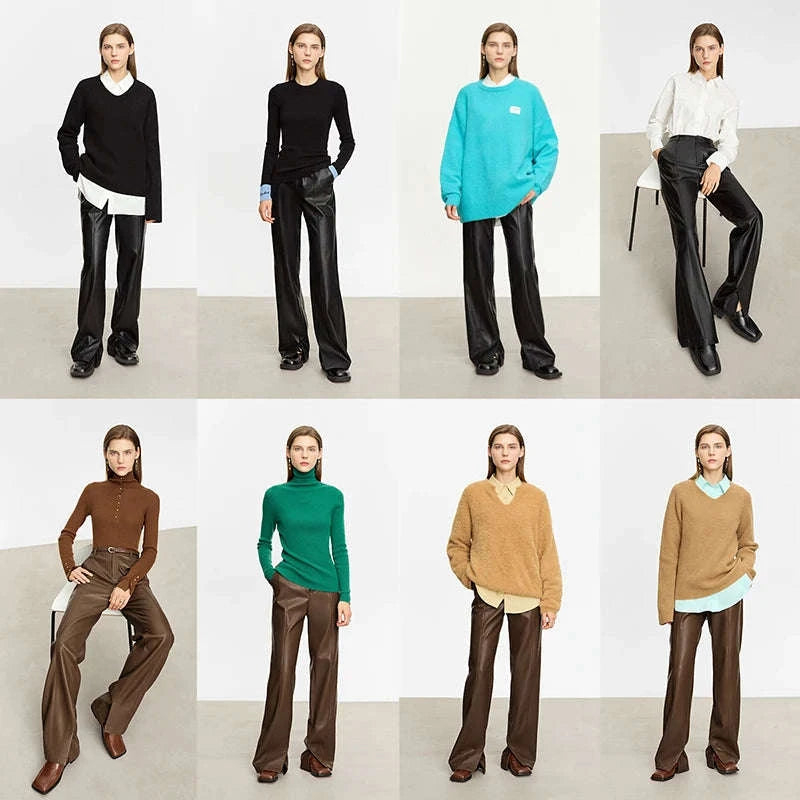 Women's Loose PU Leather Straight Leg Pants with Side Slit Floor Length-Camel Pants / S