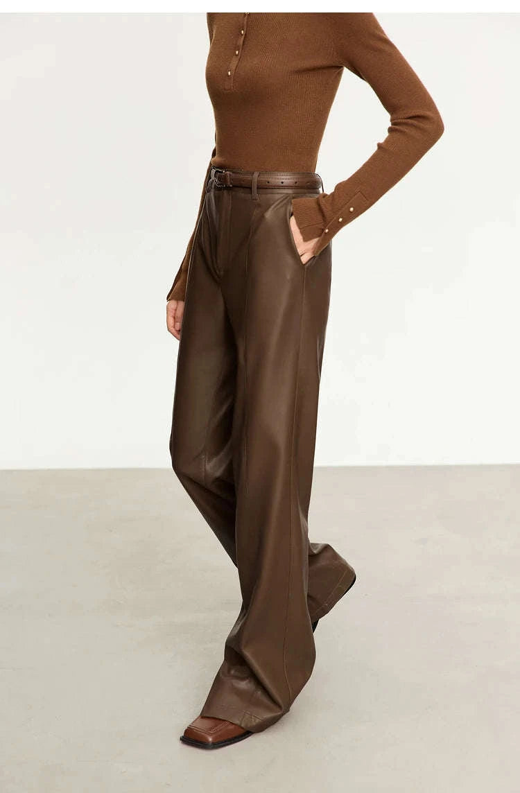 Women's Loose PU Leather Straight Leg Pants with Side Slit Floor Length-Camel Pants / S