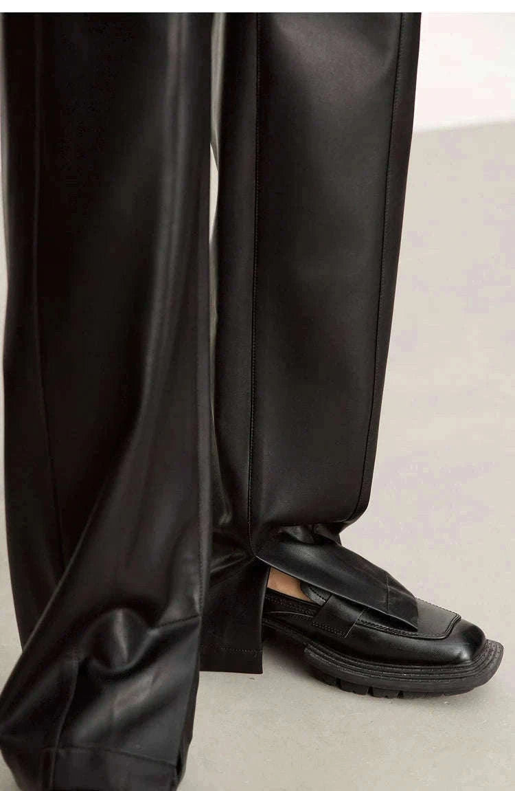 Women's Loose PU Leather Straight Leg Pants with Side Slit Floor Length-Camel Pants / S