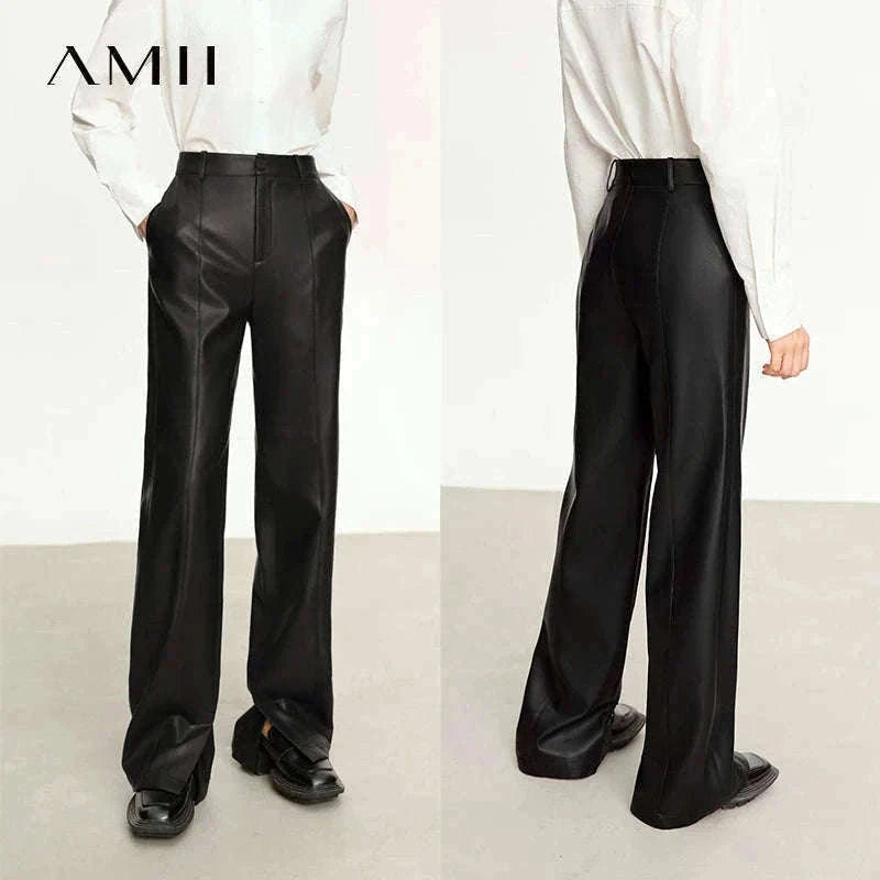 Women's Loose PU Leather Straight Leg Pants with Side Slit Floor Length-Camel Pants / S