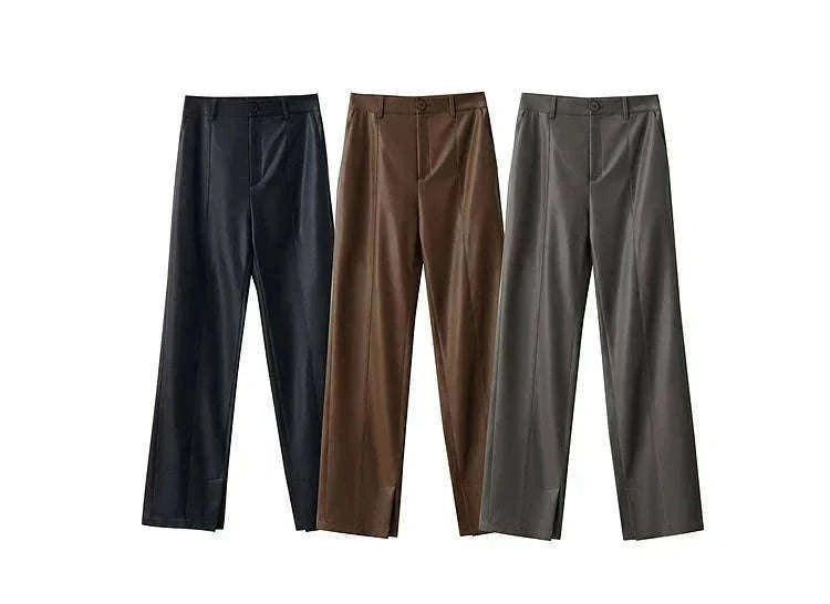 Women's Loose PU Leather Straight Leg Pants with Side Slit Floor Length-Camel Pants / S
