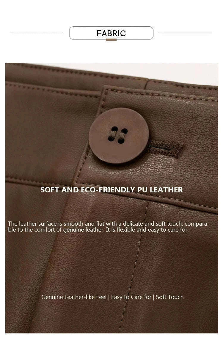 Women's Loose PU Leather Straight Leg Pants with Side Slit Floor Length-Camel Pants / S