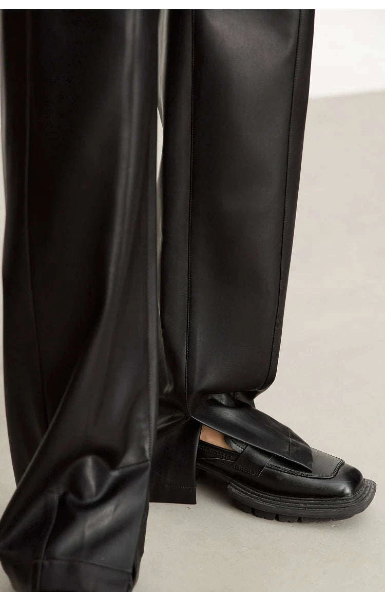 Women's Loose PU Leather Straight Leg Pants with Side Slit Floor Length-Camel Pants / S
