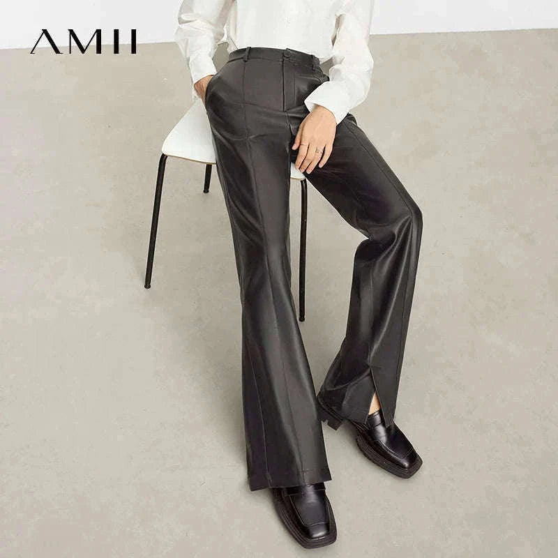 Women's Loose PU Leather Straight Leg Pants with Side Slit Floor Length-Camel Pants / S