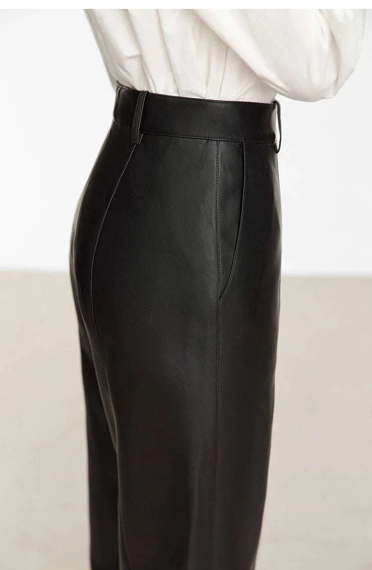 Women's Loose PU Leather Straight Leg Pants with Side Slit Floor Length-Camel Pants / S