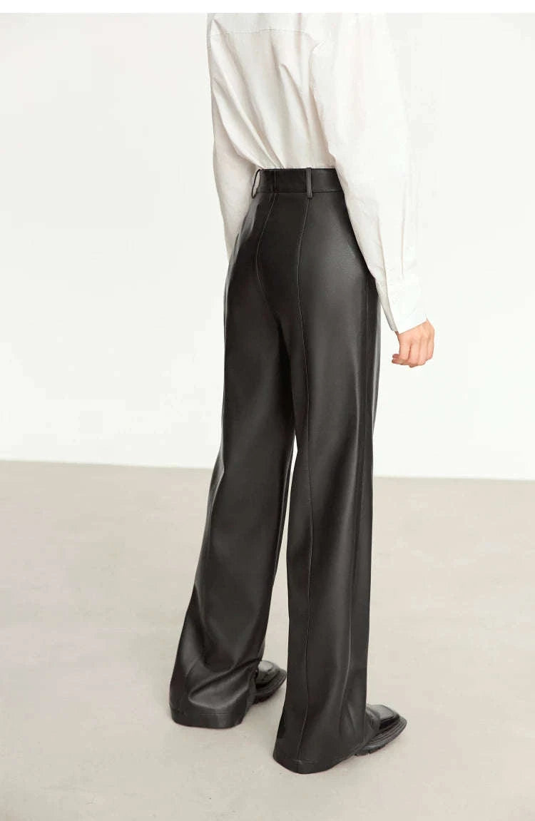 Women's Loose PU Leather Straight Leg Pants with Side Slit Floor Length-Camel Pants / S