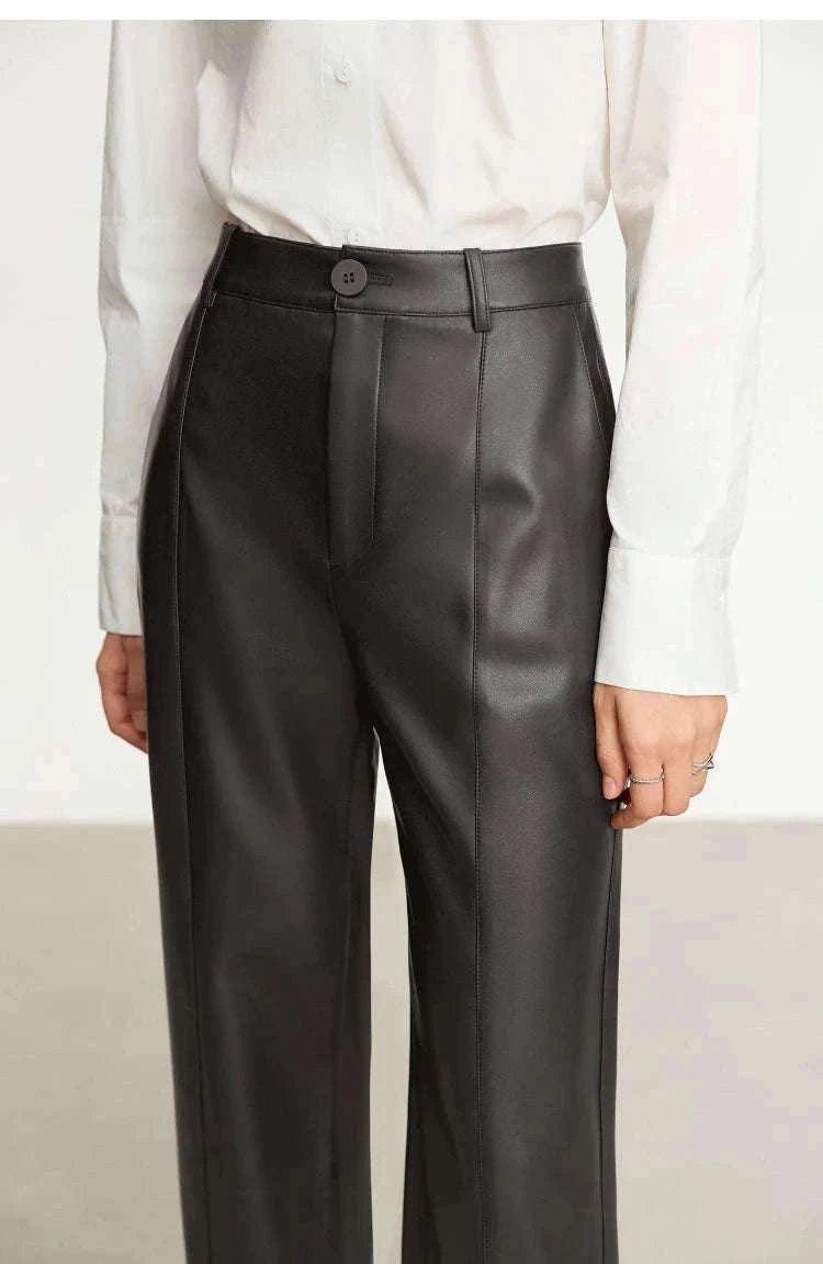 Women's Loose PU Leather Straight Leg Pants with Side Slit Floor Length-Camel Pants / S
