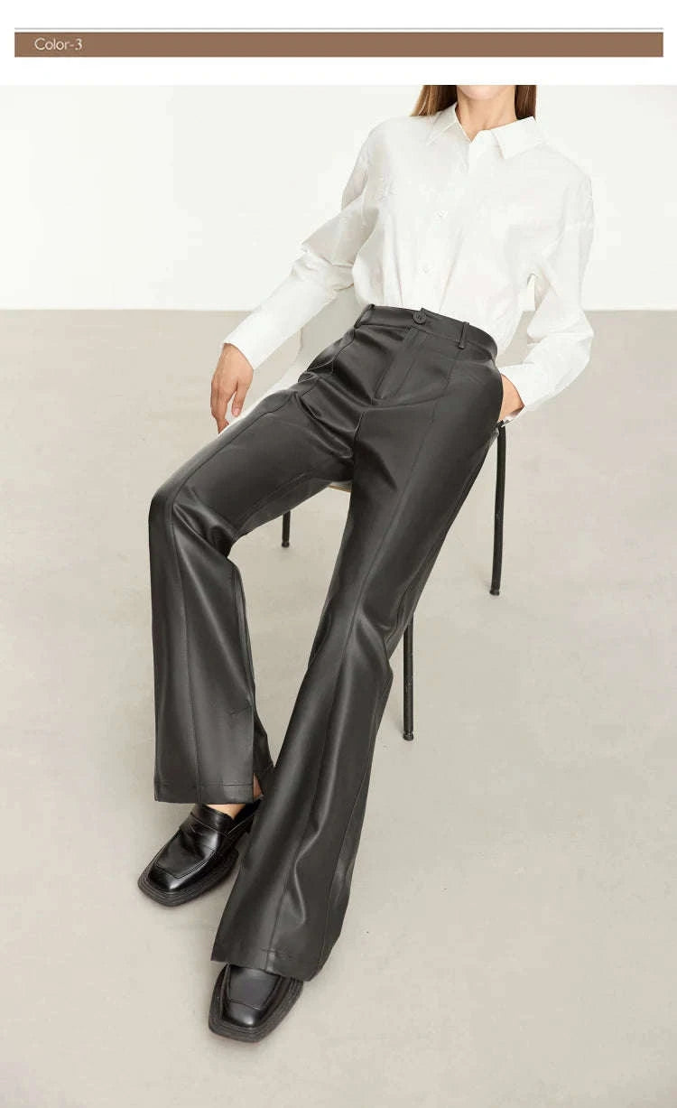 Women's Loose PU Leather Straight Leg Pants with Side Slit Floor Length-Camel Pants / S