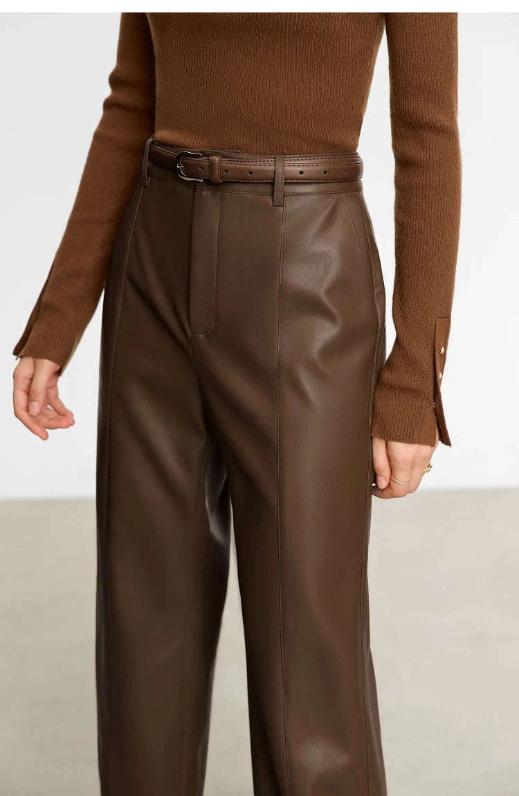 Women's Loose PU Leather Straight Leg Pants with Side Slit Floor Length-Camel Pants / S