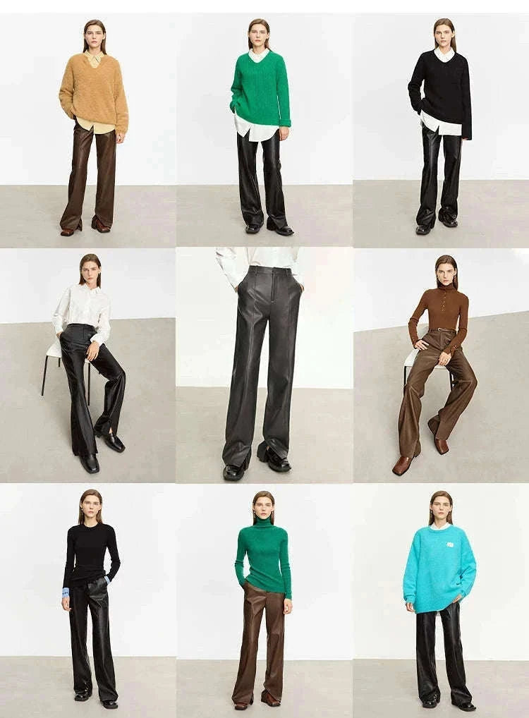 Women's Loose PU Leather Straight Leg Pants with Side Slit Floor Length-Camel Pants / S