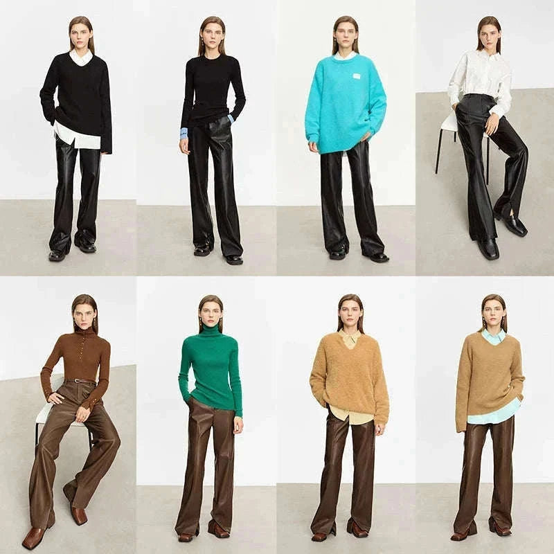 Women's Loose PU Leather Straight Leg Pants with Side Slit Floor Length-Camel Pants / S