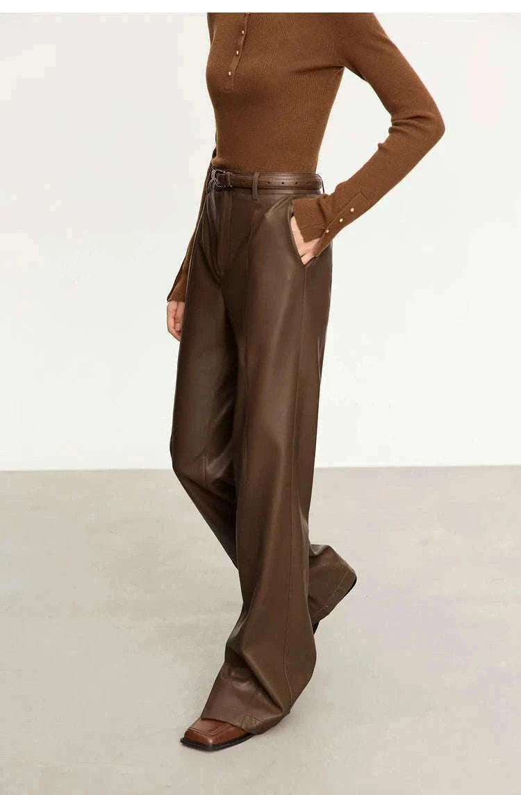 Women's Loose PU Leather Straight Leg Pants with Side Slit Floor Length-Camel Pants / S