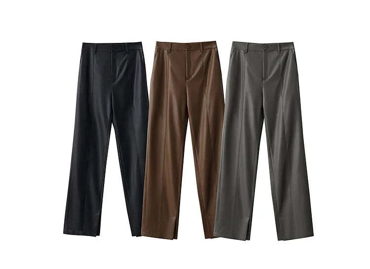 Women's Loose PU Leather Straight Leg Pants with Side Slit Floor Length-Camel Pants / S
