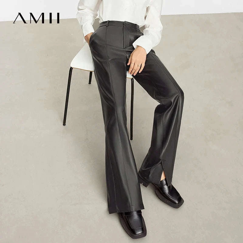 Women's Loose PU Leather Straight Leg Pants with Side Slit Floor Length-Camel Pants / S