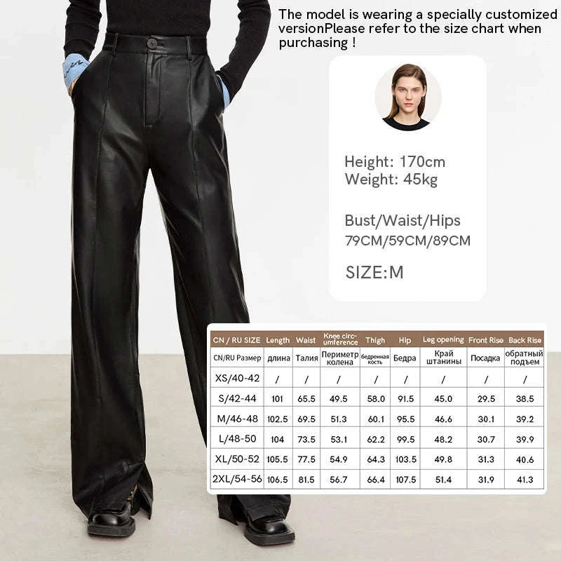 Women's Loose PU Leather Straight Leg Pants with Side Slit Floor Length-Camel Pants / S