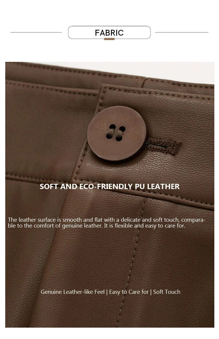 Women's Loose PU Leather Straight Leg Pants with Side Slit Floor Length-Camel Pants / S