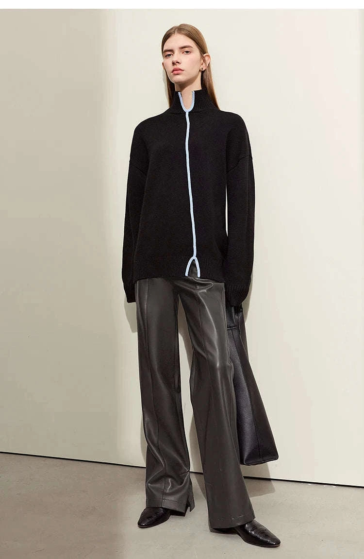 Women's Loose PU Leather Straight Leg Pants with Side Slit Floor Length-Camel Pants / S