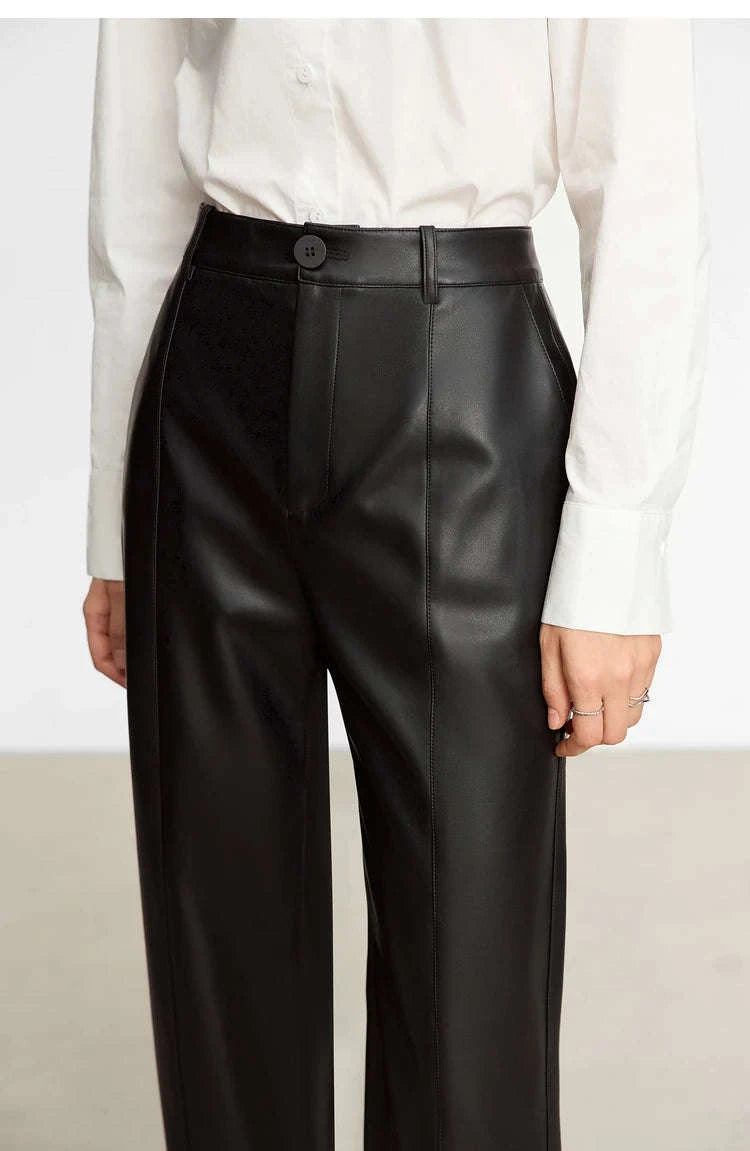 Women's Loose PU Leather Straight Leg Pants with Side Slit Floor Length-Camel Pants / S